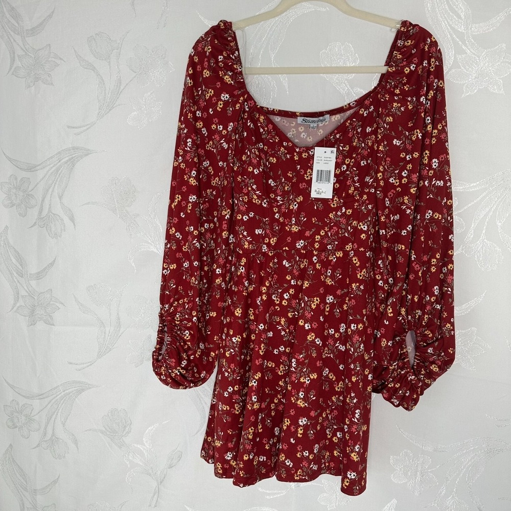Stilletto's Size-L Dress Burgundy Mini Floral‎ Ballon Sleeves Pockets